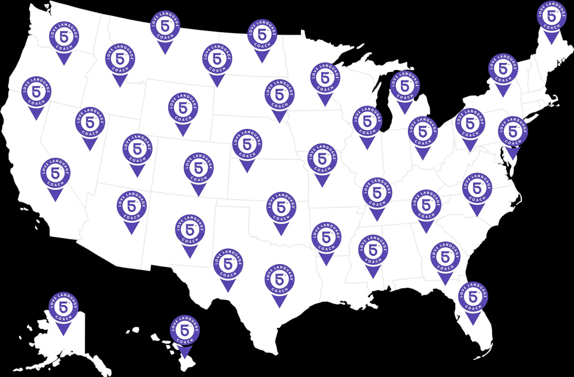 Map of the United States with location pins showing coaches across the country
